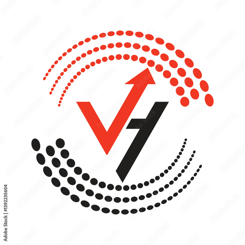 Poster the image shows a flat logo design of letters vh with an arrow inside a yin-yang shape circle. the d