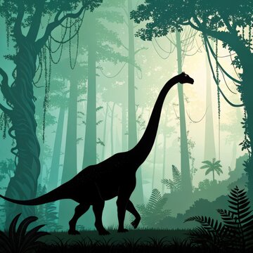 A majestic brachiosaur gracefully wanders through a serene prehistoric forest, bathed in the soft, ethereal light of dawn.