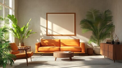 Scandinavian living room with design retro furniture, tropical palm, and elegant personal accessories 