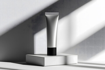 Minimalist mockup of a metallic cosmetic tube with black cap standing on white geometric blocks. Perfect for showcasing skincare, cosmetic, or beauty product branding. 