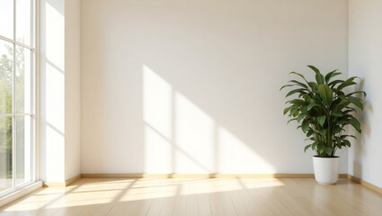 Minimalist living room. Bright living room with light wooden floors, high empty white walls and a large potted plant in the corner. Design room. Empty wall.