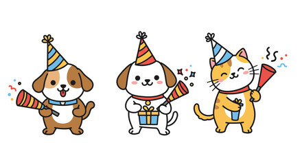 Obraz premium Cute animals celebrating with party hats in a playful flat vector illustration