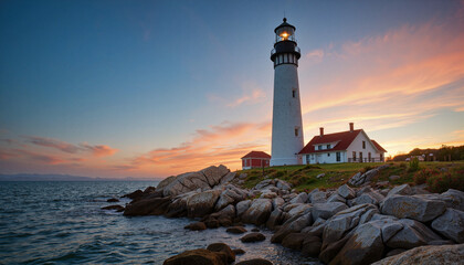 Naklejka premium Lighthouse shining at sunset over rocky shoreline 