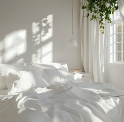 A bright and airy bedroom with white linens and sunlight