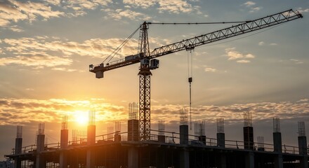 construction site with crane, Construction Crane at Worksite During Sunrise &ndash; Urban Development and Architecture Progress, Large construction site including several cranes working on a complex
