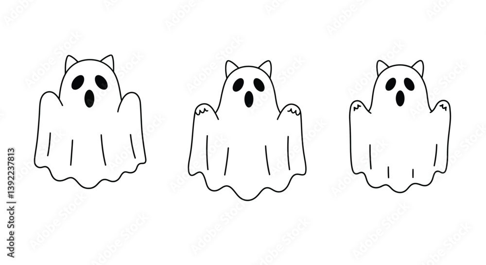 Poster cute ghost characters in playful expressions with minimal design style vector illustration