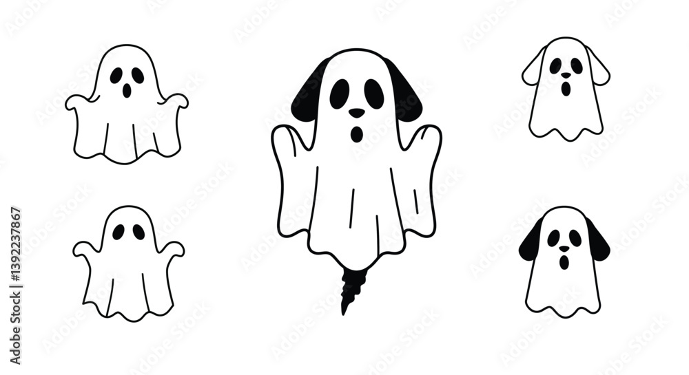 Poster cute ghost dog transformation in playful flat vector art style with various expressions in vector il