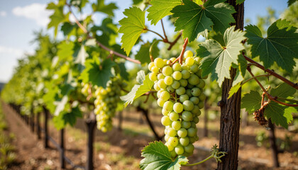 Fototapeta premium Fresh green grapes hanging from vine in sunny vineyard 