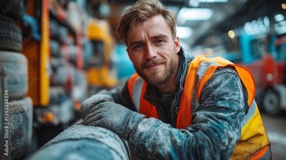 Aufkleber A construction worker is smiling confidently while taking a break at a mining facility. The background shows heavy machinery and materials essential for excavation and construction.