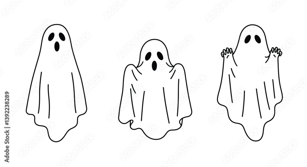 Poster ghost character design in flat style showcasing different expressions vector illustration