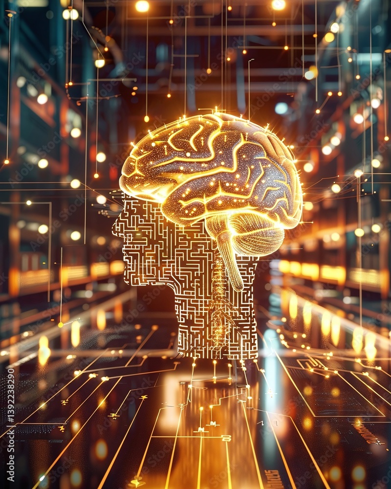 Poster futuristic digital brain silhouette with circuit patterns illuminated in a high-tech warehouse setti
