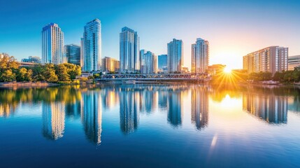 Obraz premium Beautiful city skyline reflecting into tranquil water during sunrise