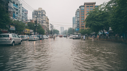 Flooded City Street During Heavy Rain