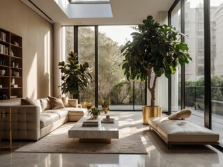 Obraz premium Luxurious modern living room featuring large windows and plants inside