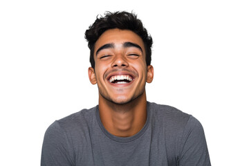 Obraz premium Young man s joyful laugh bright smile pure happiness against a simple grey background isolated on transparent background