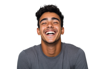 Young man s joyful laugh bright smile pure happiness against a simple grey background isolated on transparent background