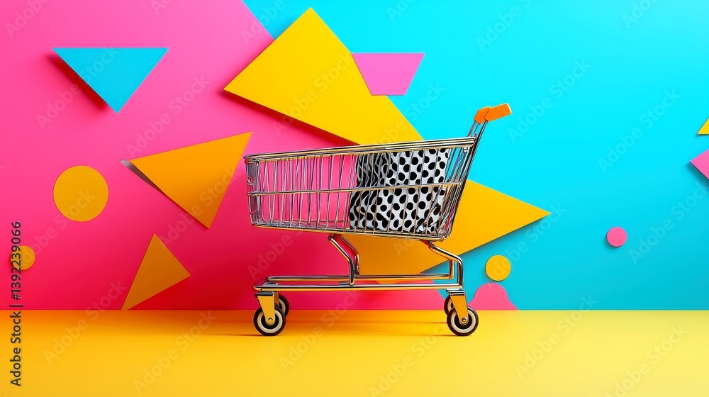 Aufkleber modern memphis style shopping cart design, surrounded by geometric shapes and textured patterns, set