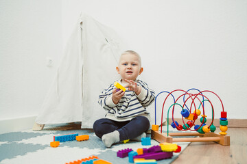 Adorable toddler boy sitting in the living room and playing with educational toys for children....
