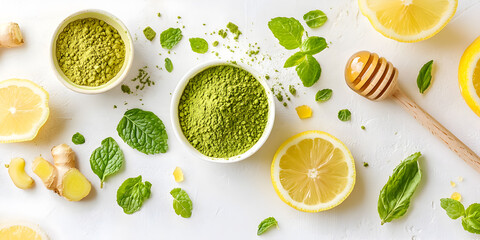 Flat lay of vibrant green matcha in bowls surrounded by fresh lemon slices, ginger root, mint leaves, and honey dipper on white background for healthy drink ingredients