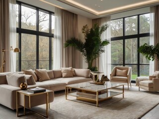 Fototapeta premium A modern living room with large windows showcasing exterior trees