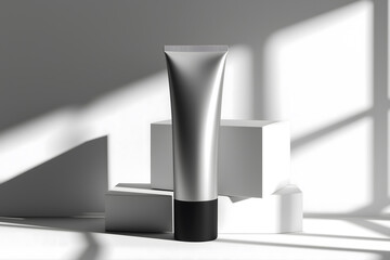 Minimalist mockup of a metallic cosmetic tube with black cap standing on white geometric blocks. Perfect for showcasing skincare, cosmetic, or beauty product branding. 