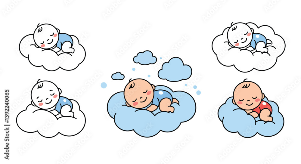 Poster cute baby sleeping on clouds in minimal vector illustration style with cheerful expressions and play