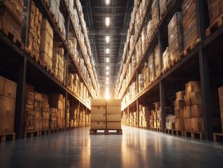 Fototapeta premium Modern industrial warehouse with high shelves stacked with cardboard boxes, sunlit storage facility interior representing logistics, supply chain, and inventory