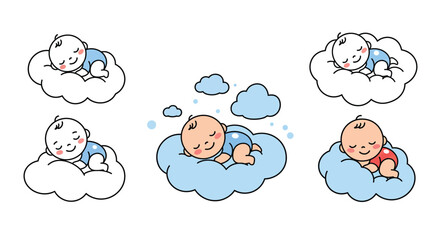 Cute baby sleeping on clouds in minimal vector illustration style with cheerful expressions and playful elements vector art