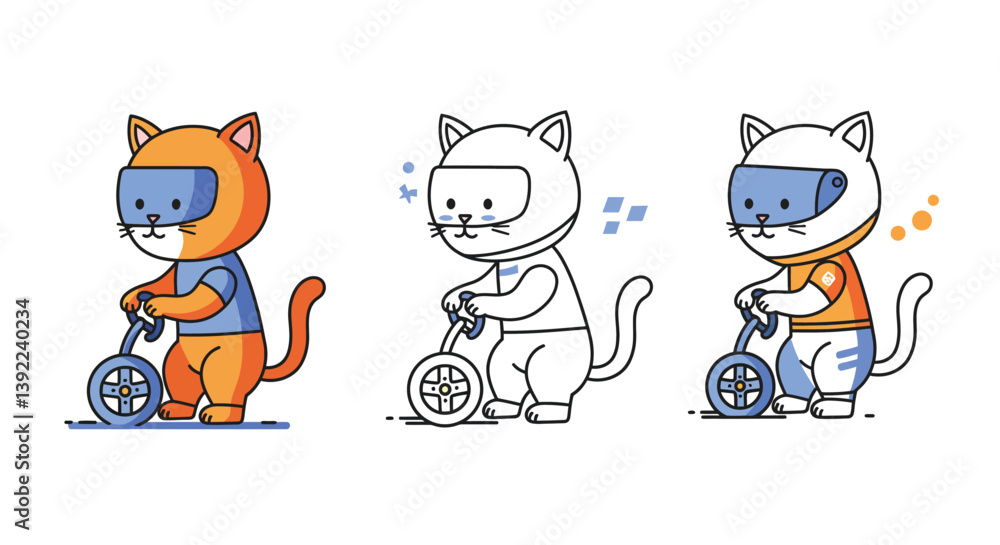 Poster cat character transformation from colorful to outline and detailed styles in flat vector art