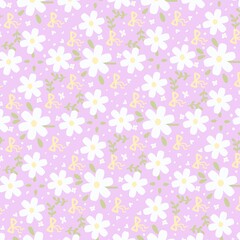 Seamless patterns with vintage groovy daisy flowers and hand-drawn ribbon. Retro floral vector background surface design, textile, stationery, wrapping paper, covers. Pink background.