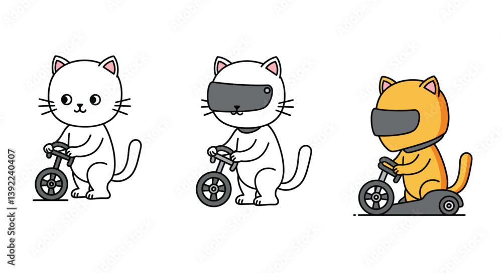 Poster cat character progression in playful style showcasing transformation with vector art