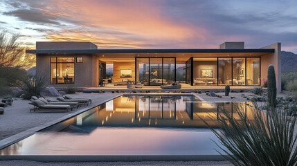 Obraz premium modern desert home with reflecting pool at sunset creates serene atmosphere