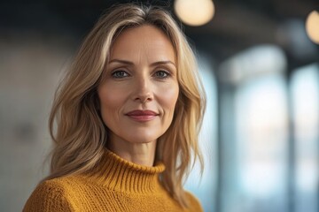Obraz premium Confident woman with long hair wearing a yellow sweater in a modern interior space