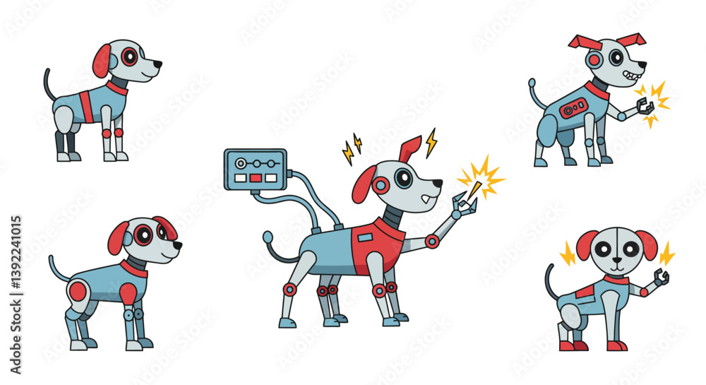 Poster cute robotic dog character in flat design style showcasing various actions in vector illustration