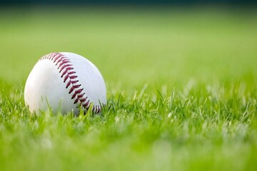 Baseball on Lush Green Grass: Sport, Game, Field, Pitch, Leather, Stitches, Outfield, Infield, Diamond, Recreation