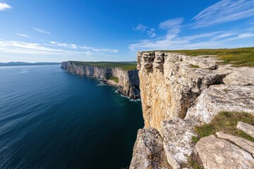 Fototapeta premium The image showcases dramatic cliffs rising steeply above the ocean, creating a stunning visual contrast that highlights nature's power and the vastness of our planet's beauty.