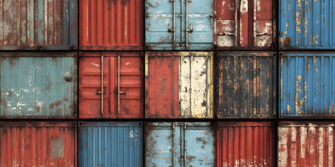 Fototapeta premium Stacked weathered shipping containers Colorful metal containers with rust and peeling paint arranged in a geometric grid pattern, showcasing industrial texture and aging