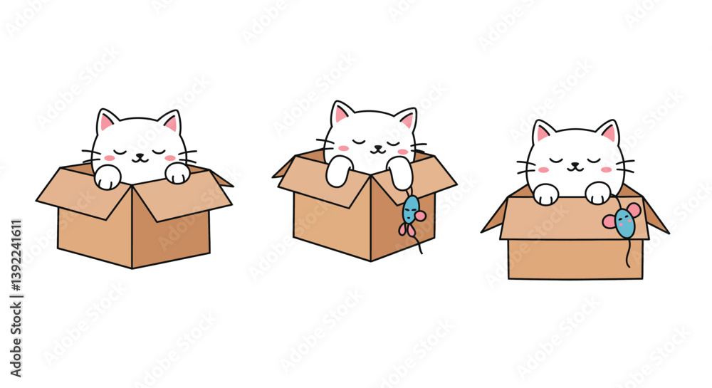 Poster cute cat in box series showcasing playful expressions in flat vector art