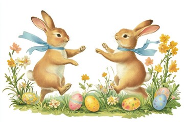 Rabbits dance eggs illustration colorful.