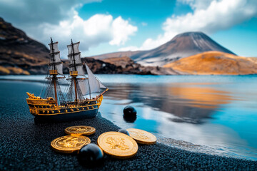 Toy model of sailing pirate ship on black volcanic sand with scattered gold coins. Ship modeling, piracy decor and travel concept. Seascape view for wallpaper, poster, design