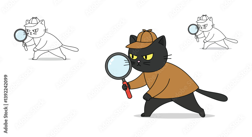 Poster detective cat character in flat style engaging in sleuthing action vector illustration