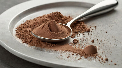 Clay powder. Fine clay powder poured from a spoon. Natural cosmetics at home in detail.