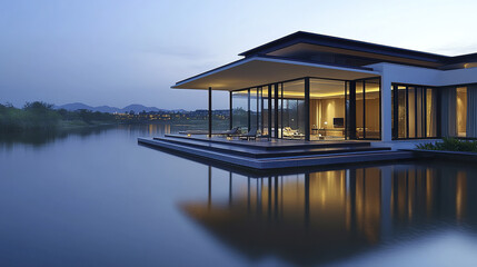 tranquil resort villa floating on serene lake at dusk