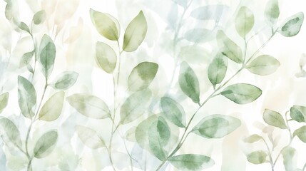 Watercolor green leaves pattern on a light background for design and decoration
