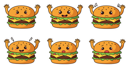 Happy burger character in flat design with various emotions in vector illustration