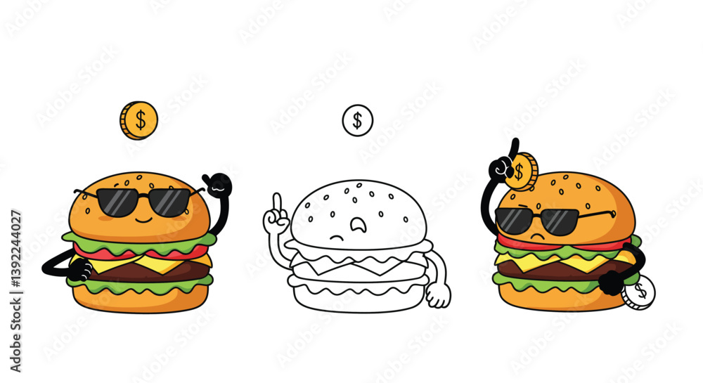 Aufkleber burger character transformation in flat design style showcasing expressions in vector illustration
