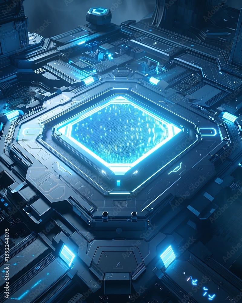 Poster futuristic technology hub with glowing blue energy core and intricate metallic structures in a sci-f