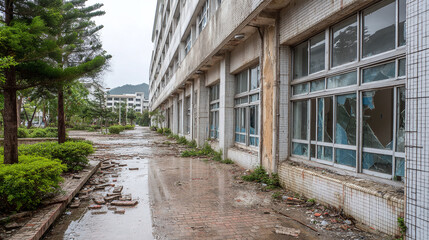 Abandoned Building with Broken Windows and Debris