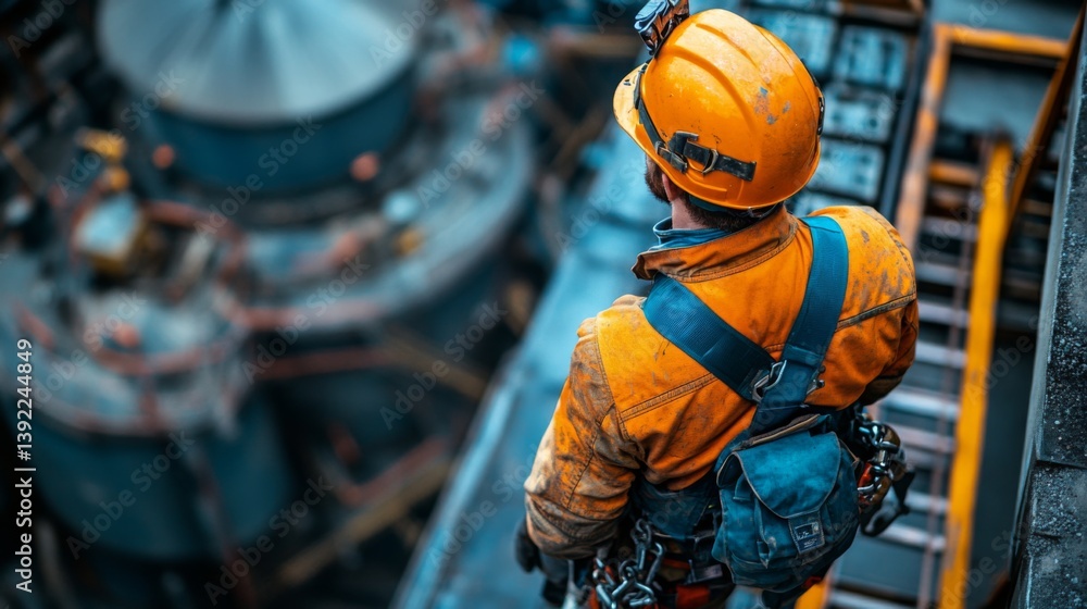 Poster a mining worker clad in safety gear stands atop a platform, surveying a busy extraction site with ma