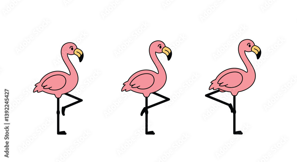 Poster pink flamingos standing on one leg in a playful sequence flat vector art